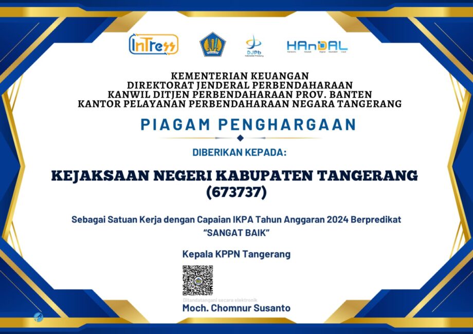 Kejari Kabupaten Tangerang Raih Penghargaan IKPA 2024 dengan Predikat Sangat Baik